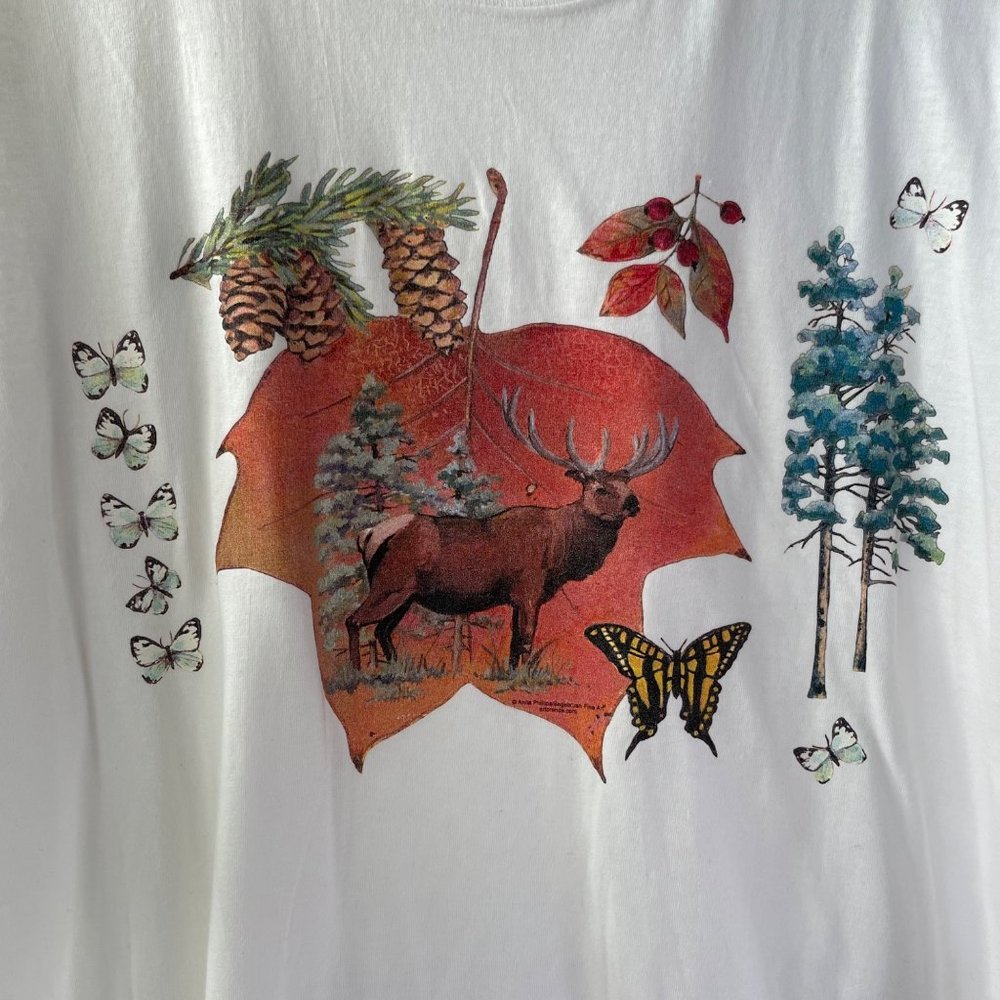 T Shirt Elk Forest Scene Oak Leaf Adult XL Unisex White Cotton